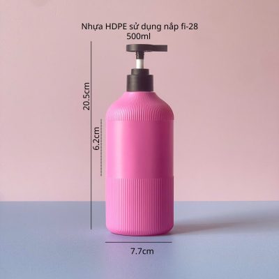 Thông số chai nhựa HDPE hồng đậm sọc vòi nhấn dẹp đen nhám với dung tích 500ml