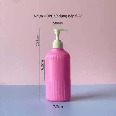 Thông số chai nhựa HDPE hồng đậm sọc với vòi nhấn xanh sọc dung tích 500ml