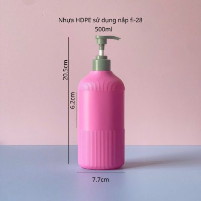Thông số chai nhựa HDPE hồng đậm sọc với vòi nhấn sóng xanh trơn dung tích 500ml