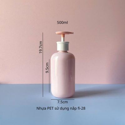 Thông số chai nhựa PET hồng tròn 500ml với vòi nhấn dẹp xanh sử dụng vòi fi28 tiện lợi