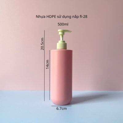Thông số chai nhựa HDPE hồng vai ngang đáy bầu vòi nhấn sóng xanh sọc