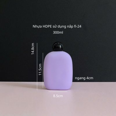 Thông số chai nhựa HDPE thân bầu tím với nắp bật đen 300ml sử dụng nắp fi24 chuyên dụng