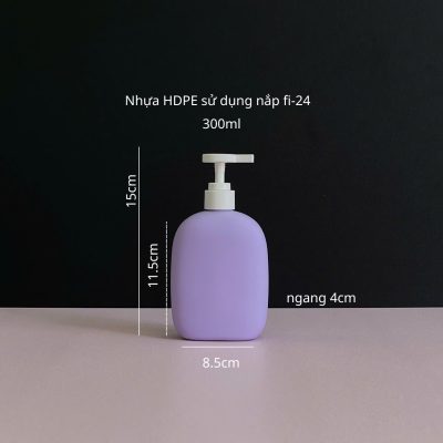 Thông số chai nhựa HDPE thân bầu tím với vòi nhấn dẹp trắng 300ml sử dụng nắp fi24 chuyên dụng