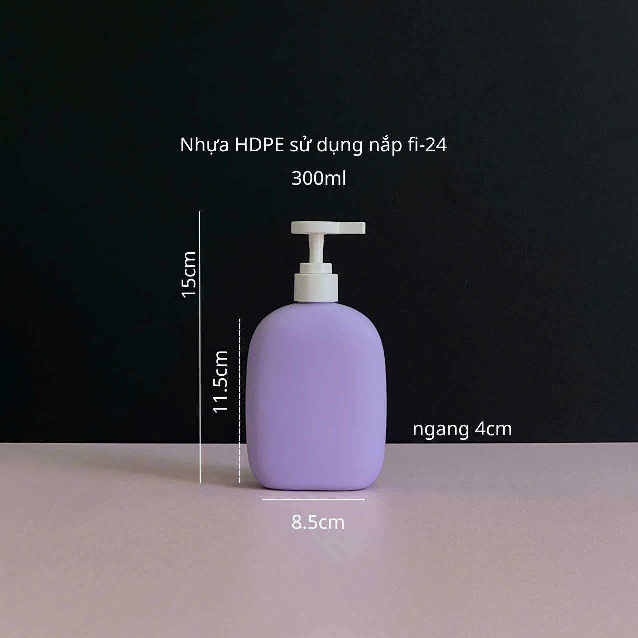 chai-hdpe-tim-tron-voi-nhan-trang-8 Thông số chai nhựa HDPE thân bầu tím với vòi nhấn dẹp trắng 300ml sử dụng nắp fi24 chuyên dụng