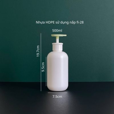 Thông số chai nhựa HDPE trắng tròn với vòi nhấn dẹp trắng, hồng, xanh 500ml sử dụng vòi nhấn fi28 tiện dụng