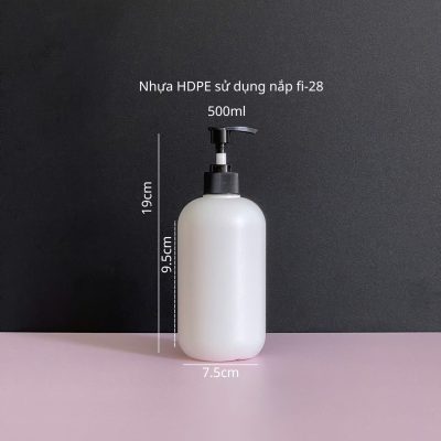 Thông số chai nhựa HDPE trắng tròn với vòi nhấn sóng đen sọc 500ml sử dụng vòi nhấn fi28 tiện dụng
