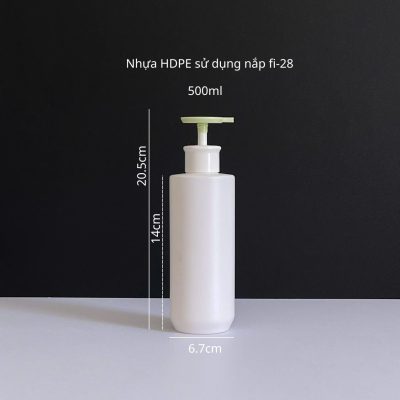 Thông số chai nhựa HDPE trắng vai ngang đáy bầu vòi nhấn dẹp xanh với dung tích 500ml fi28 tiện lợi