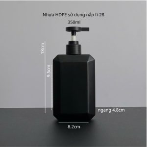 Thông số chai nhựa HDPE vuông đen với vòi nhấn dẹp đen nhám 350ml sử dụng dụng nắp bật fi28 tiện lợi