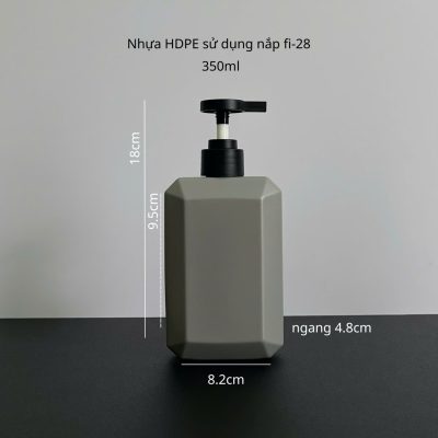 Thông số chai nhựa HDPE vuông xám với vòi nhấn dẹp đen nhám 350ml sử dụng dụng nắp bật fi28 tiện lợi