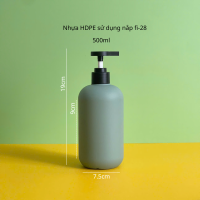 Thông số chai nhựa HDPE xanh đậm tròn vòi nhấn dẹp đen nhám với dung tích 500ml sử dụng nắp fi28