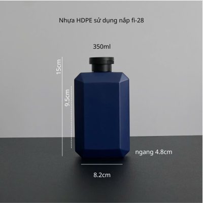 Thông số chai nhựa HDPE vuông xanh dương với nắp bật đen nhám 350ml sử dụng dụng nắp bật fi28 tiện lợi