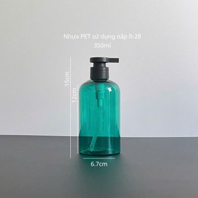 Thông số chai nhựa PET xanh ngọc với vòi nhấn dẹp đen nhám 350ml sử dụng nắp fi28 chuyên dụng