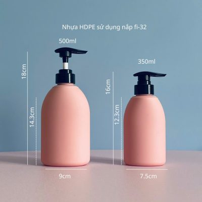 Thông số chai nhựa HDPE hồng vai bầu tròn 350ml, 500ml vòi nhấn sóng sử dùng nắp fi33 chuyên dụng