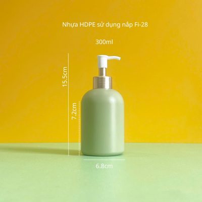 Thông số chai nhựa HDPE xanh lá tròn lùn với vòi nhấn sóng trắng 300ml sử dùng nắp f28 chuyên dụng