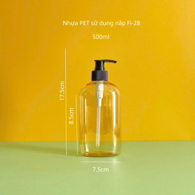 Thông số chai nhựa PET vàng trong tròn 500ml với vòi nhấn sóng đen sọc sử dụng nắp fi28 chuyên dụng