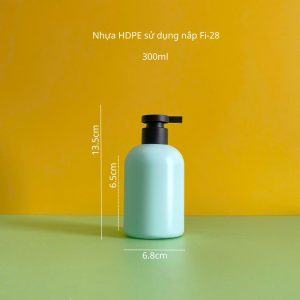 Thông số chai nhựa HDPE xanh mint tròn lùn với vòi nhấn dẹp bằng đen nhám 300ml sử dùng nắp f28