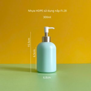 Thông số chai nhựa HDPE xanh mint tròn lùn với vòi nhấn sóng tròn trắng 300ml sử dùng nắp f28 chuyên dụng