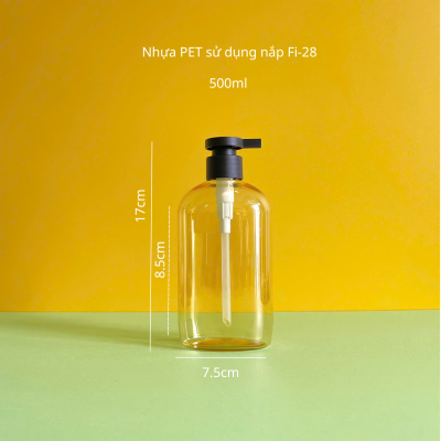 Thông số chai nhựa PET vàng trong tròn 500ml với vòi nhấn dẹp bằng đen sử dụng nắp fi28 chuyên dụng