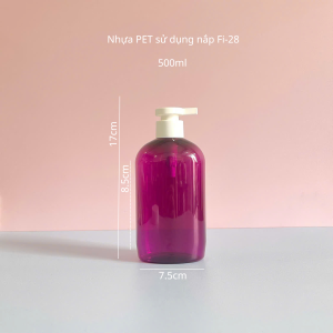 Thông số chai nhựa PET tím trong tròn 500ml vòi nhấn dẹp bằng trắng sử dụng nắp fi28